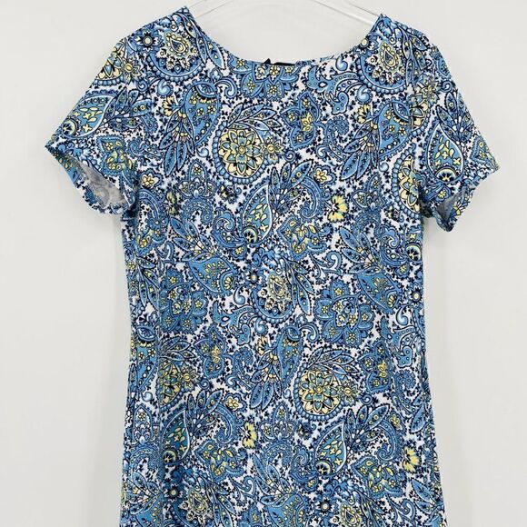 Talbots Size Medium Blue & Yellow Paisley Print Bow Back Knit Sheath Dress - Picture 2 of 9